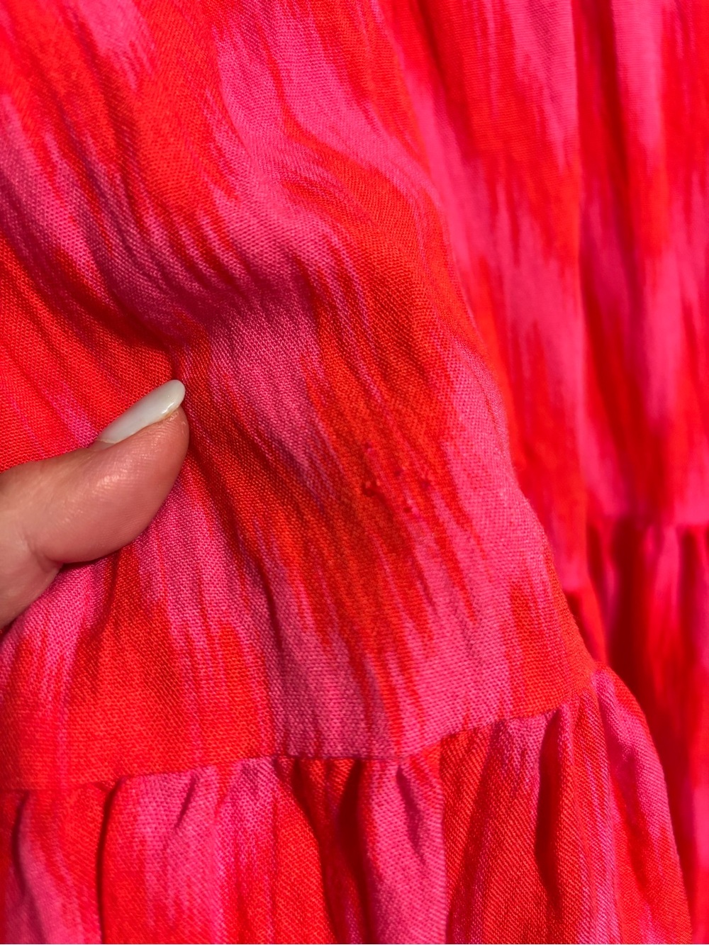 Tuckernut Pomander Place Hot Pink and Red Ikat V-Neck Tiered Dress - Picture 8 of 8